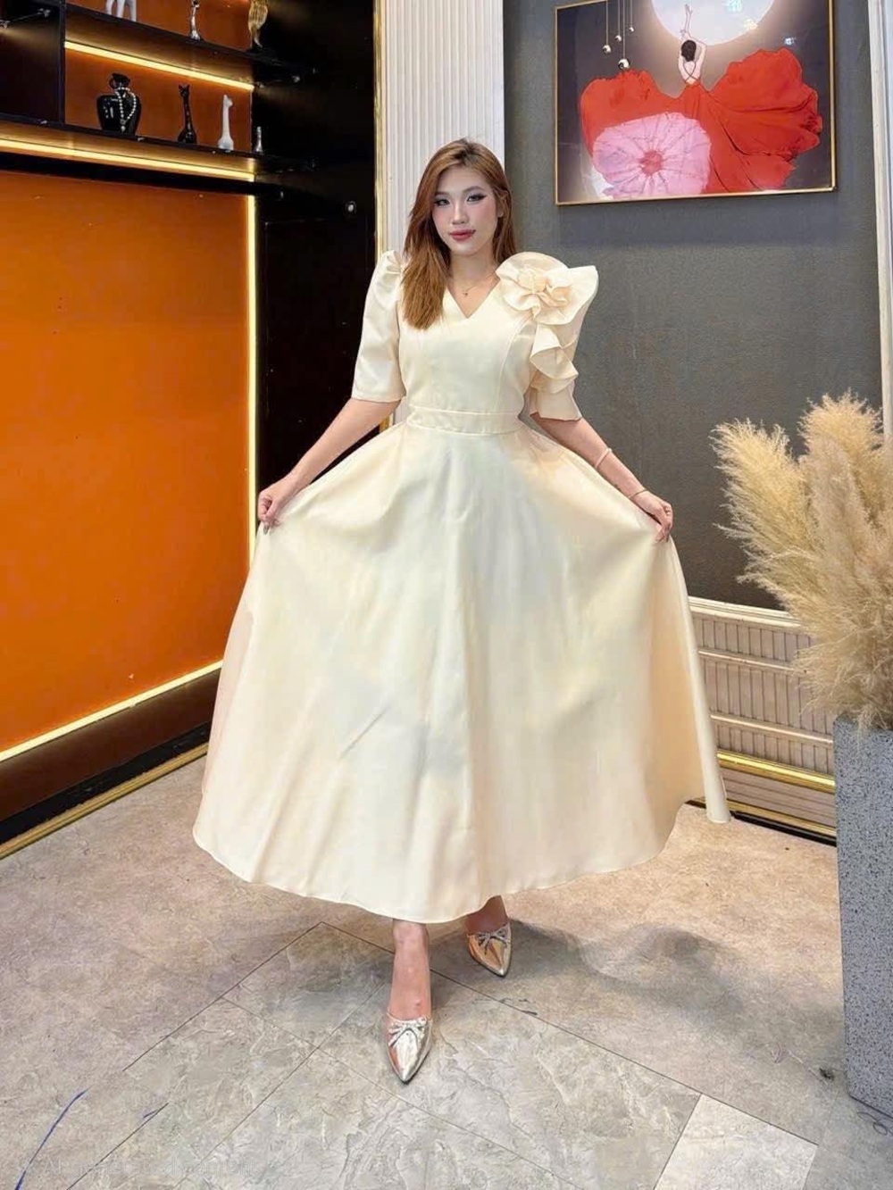 Filipiniana Elegant Cream Floral-Sleeve A-Line Dress Fits Small to Large